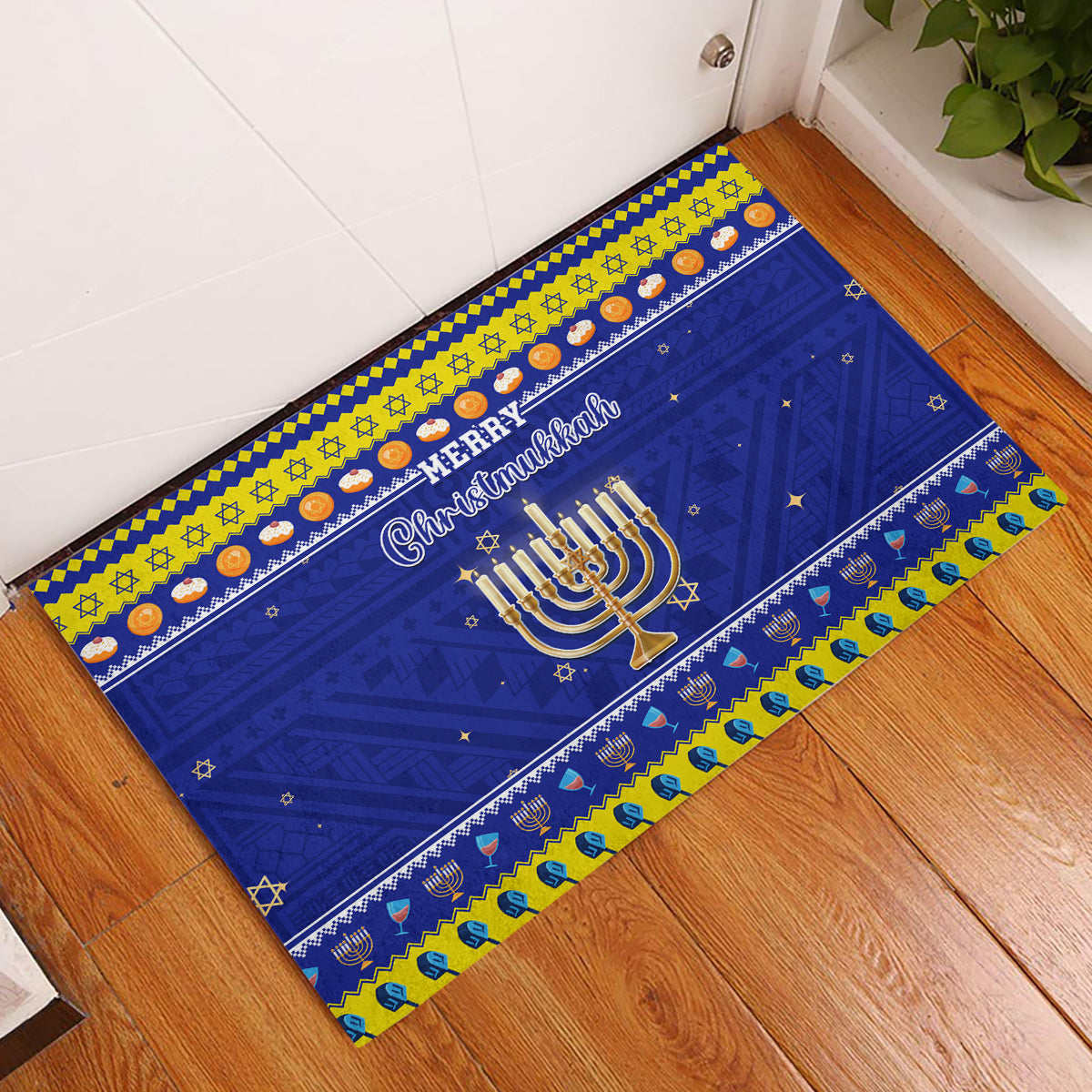 Polynesia Christmukkah Rubber Doormat Menorah With Polynesian Tribal Pattern LT05 Blue - Polynesian Pride