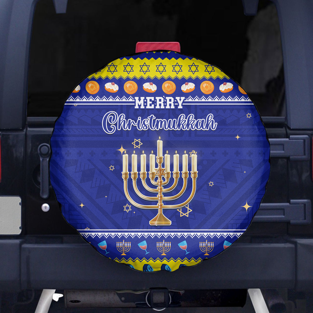 Polynesia Christmukkah Spare Tire Cover Menorah With Polynesian Tribal Pattern LT05 Blue - Polynesian Pride