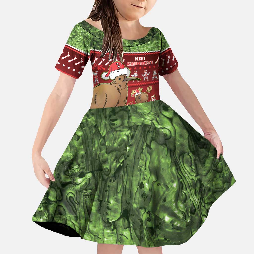New Zealand Kiwi Christmas Family Matching Mermaid Dress and Hawaiian Shirt Paua Shell Glitter Green LT05 Daughter's Dress Red - Polynesian Pride
