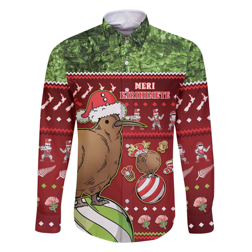 New Zealand Kiwi Christmas Family Matching Mermaid Dress and Hawaiian Shirt Paua Shell Glitter Green LT05 Dad's Shirt - Long Sleeve Red - Polynesian Pride