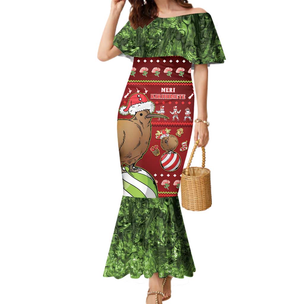 New Zealand Kiwi Christmas Family Matching Mermaid Dress and Hawaiian Shirt Paua Shell Glitter Green LT05 Mom's Dress Red - Polynesian Pride