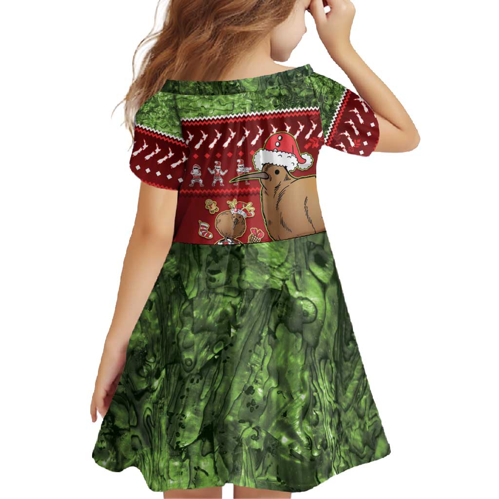 New Zealand Kiwi Christmas Family Matching Short Sleeve Bodycon Dress and Hawaiian Shirt Paua Shell Glitter Green LT05 - Polynesian Pride