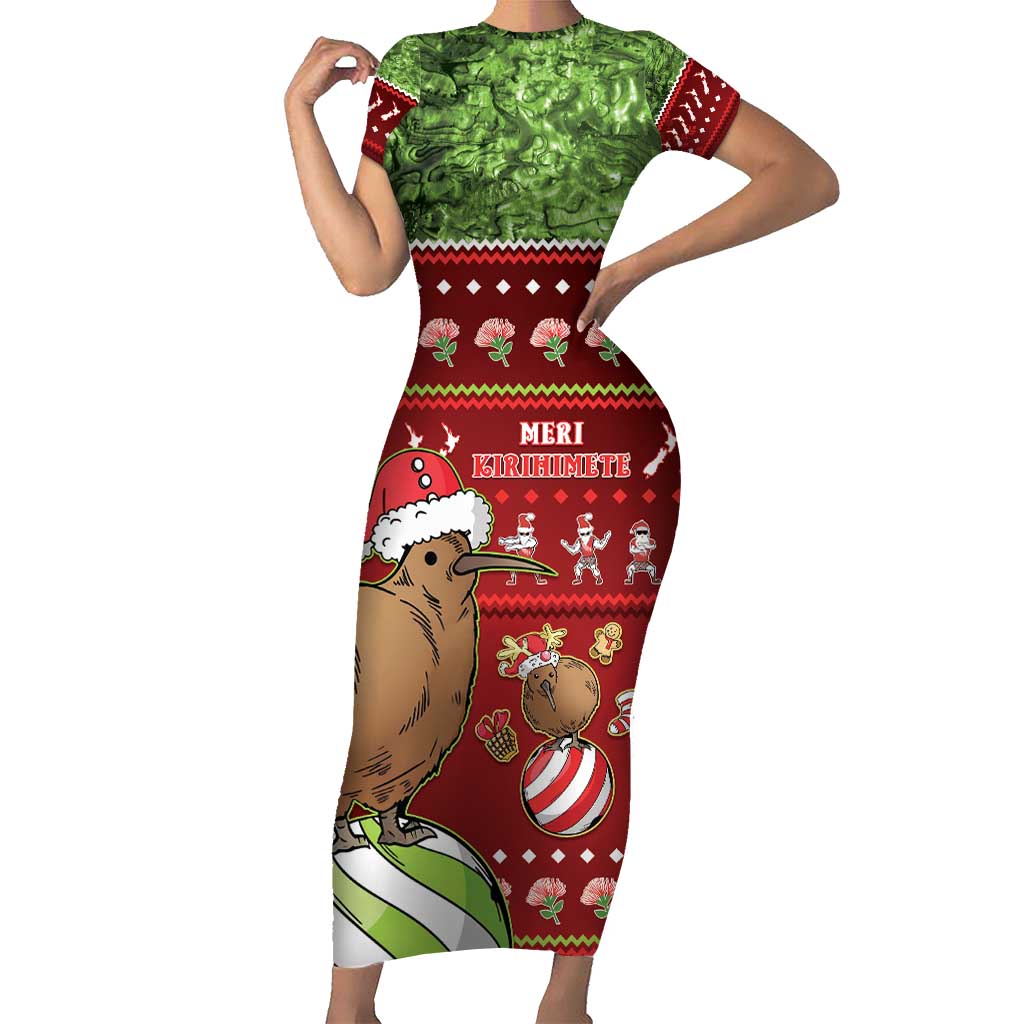 New Zealand Kiwi Christmas Family Matching Short Sleeve Bodycon Dress and Hawaiian Shirt Paua Shell Glitter Green LT05 Mom's Dress Red - Polynesian Pride
