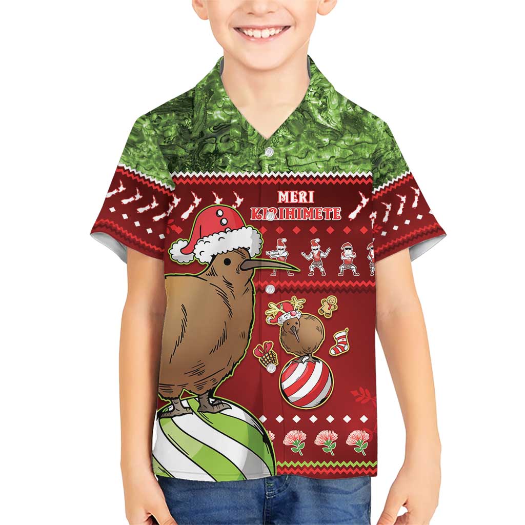 New Zealand Kiwi Christmas Family Matching Short Sleeve Bodycon Dress and Hawaiian Shirt Paua Shell Glitter Green LT05 Son's Shirt Red - Polynesian Pride