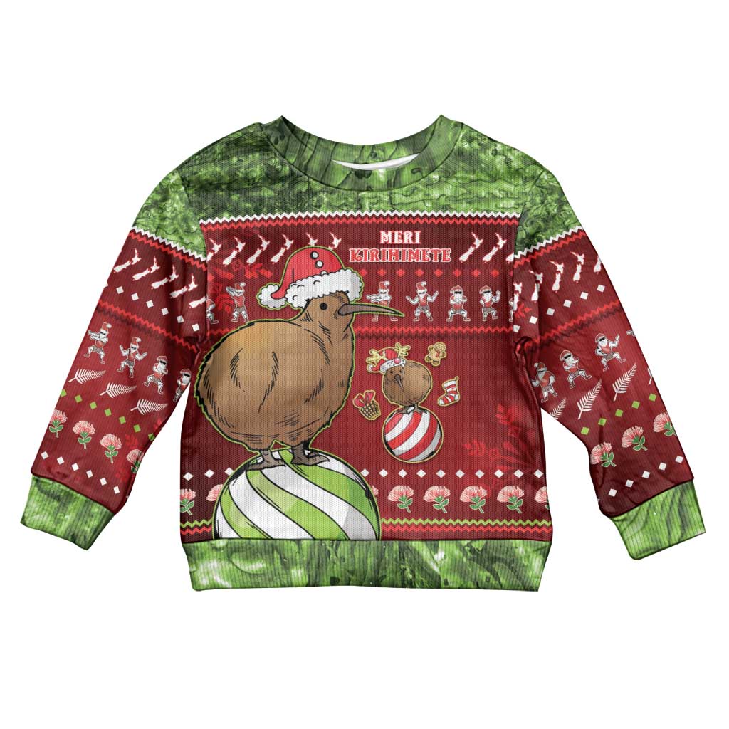 New Zealand Kiwi Christmas Kid Ugly Christmas Sweater Paua Shell Glitter Green LT05 Kid Red - Polynesian Pride