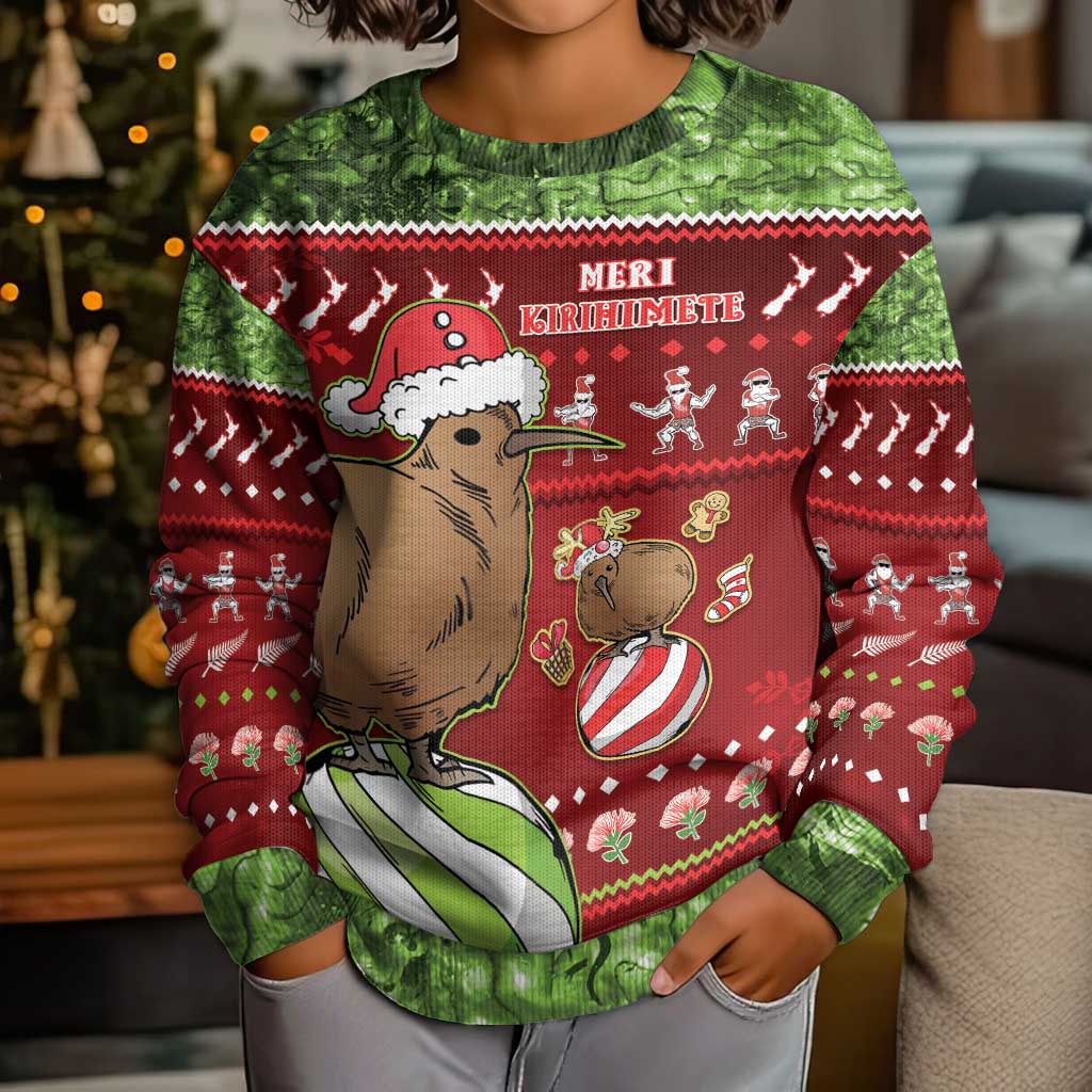New Zealand Kiwi Christmas Kid Ugly Christmas Sweater Paua Shell Glitter Green LT05 - Polynesian Pride