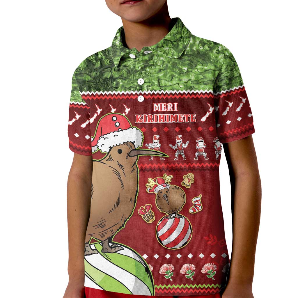 New Zealand Kiwi Christmas Kid Polo Shirt Paua Shell Glitter Green LT05 Kid Red - Polynesian Pride