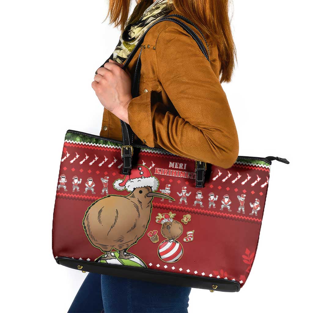 New Zealand Kiwi Christmas Leather Tote Bag Paua Shell Glitter Green LT05 Red - Polynesian Pride