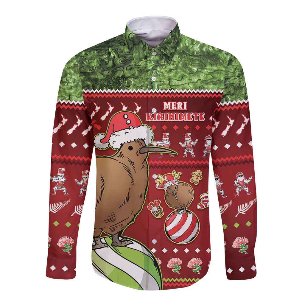 New Zealand Kiwi Christmas Long Sleeve Button Shirt Paua Shell Glitter Green LT05 Unisex Red - Polynesian Pride