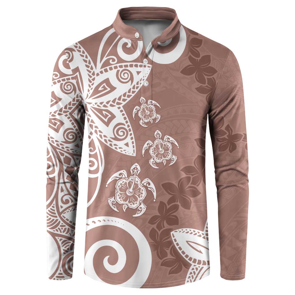 Polynesia Button Sweatshirt Brown Tribal Turtle Floral Pattern