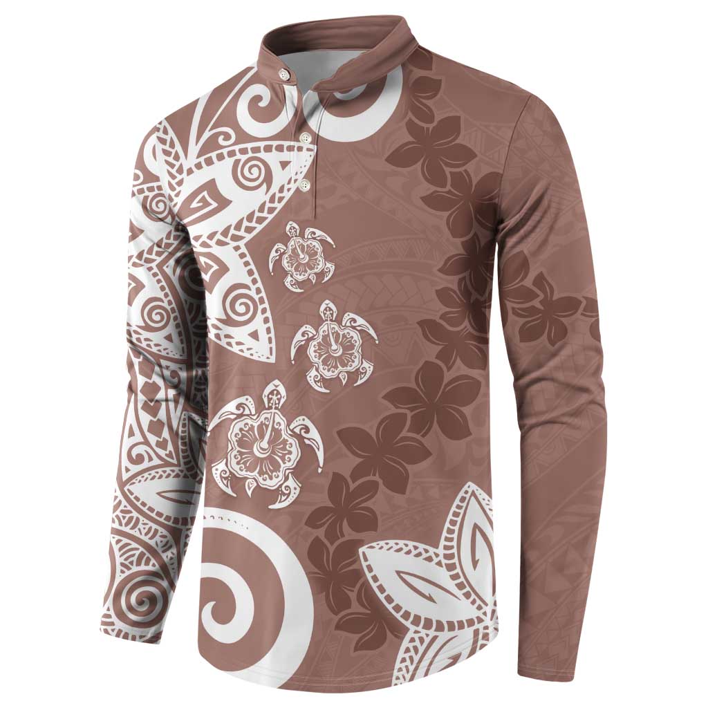 Polynesia Button Sweatshirt Brown Tribal Turtle Floral Pattern