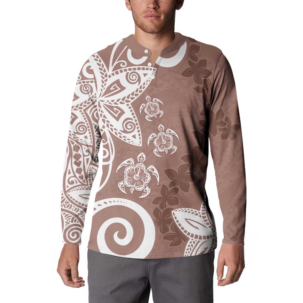 Polynesia Button Sweatshirt Brown Tribal Turtle Floral Pattern
