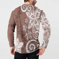 Polynesia Button Sweatshirt Brown Tribal Turtle Floral Pattern