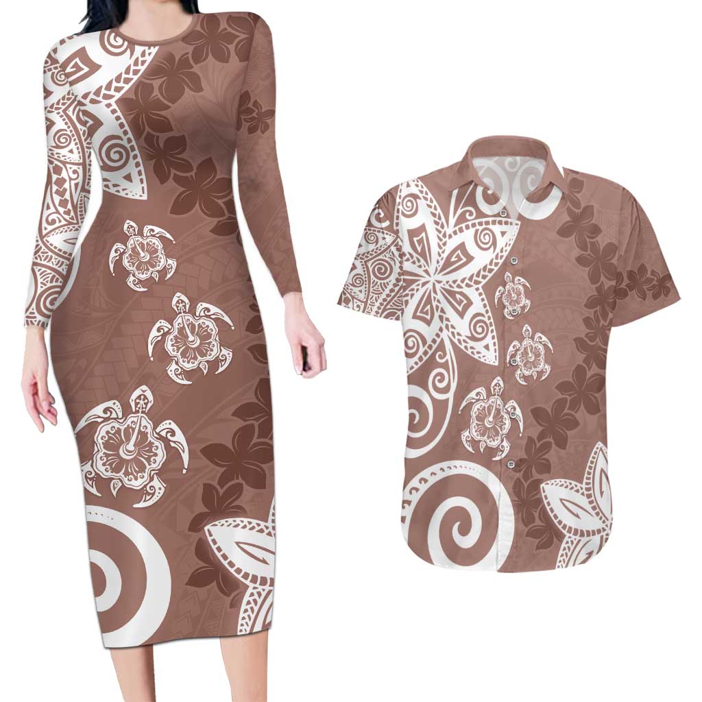 Polynesia Couples Matching Long Sleeve Bodycon Dress and Hawaiian Shirt Brown Tribal Turtle Floral Pattern