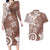 Polynesia Couples Matching Long Sleeve Bodycon Dress and Hawaiian Shirt Brown Tribal Turtle Floral Pattern