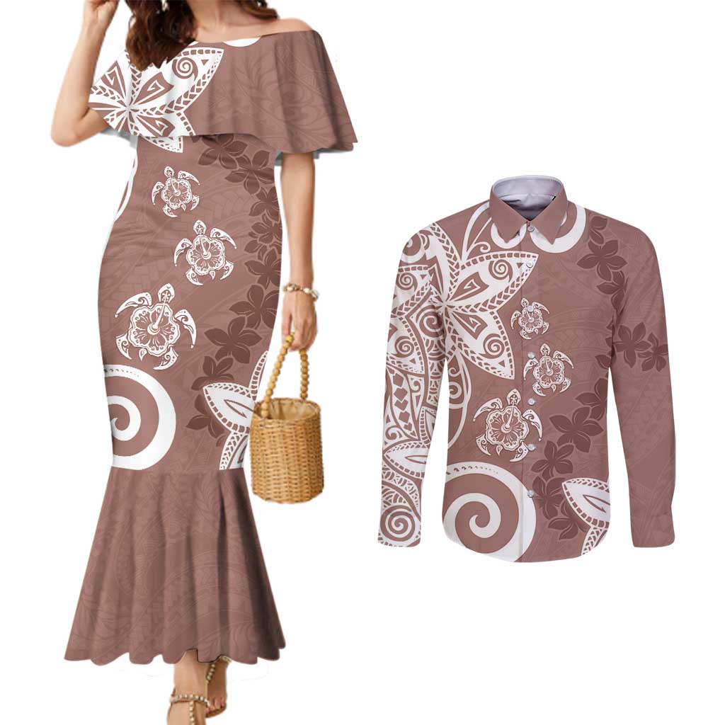 Polynesia Couples Matching Mermaid Dress and Long Sleeve Button Shirt Brown Tribal Turtle Floral Pattern