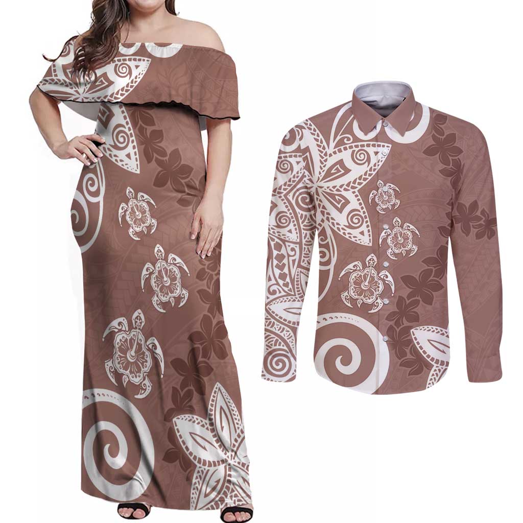 Polynesia Couples Matching Off Shoulder Maxi Dress and Long Sleeve Button Shirt Brown Tribal Turtle Floral Pattern