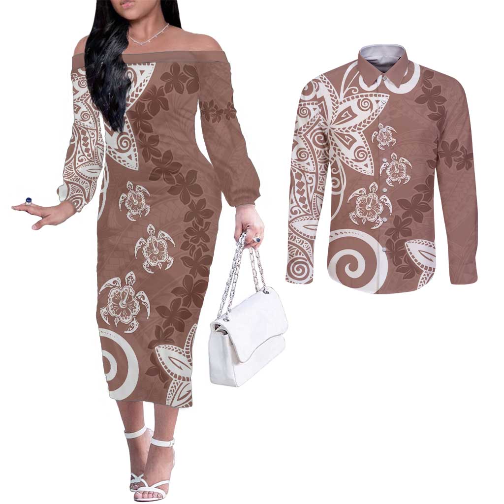 Polynesia Couples Matching Off The Shoulder Long Sleeve Dress and Long Sleeve Button Shirt Brown Tribal Turtle Floral Pattern