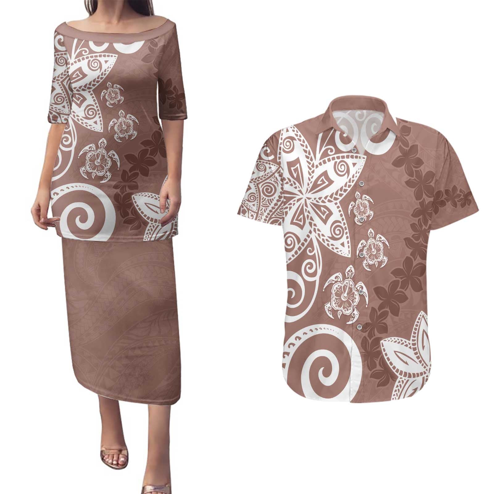 Polynesia Couples Matching Puletasi and Hawaiian Shirt Brown Tribal Turtle Floral Pattern