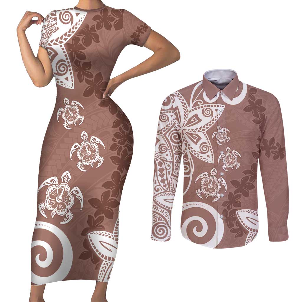 Polynesia Couples Matching Short Sleeve Bodycon Dress and Long Sleeve Button Shirt Brown Tribal Turtle Floral Pattern