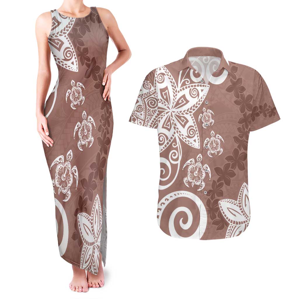 Polynesia Couples Matching Tank Maxi Dress and Hawaiian Shirt Brown Tribal Turtle Floral Pattern