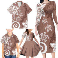 Polynesia Family Matching Long Sleeve Bodycon Dress and Hawaiian Shirt Brown Tribal Turtle Floral Pattern LT05 - Polynesian Pride