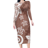 Polynesia Family Matching Long Sleeve Bodycon Dress and Hawaiian Shirt Brown Tribal Turtle Floral Pattern LT05 Mom's Dress Brown - Polynesian Pride