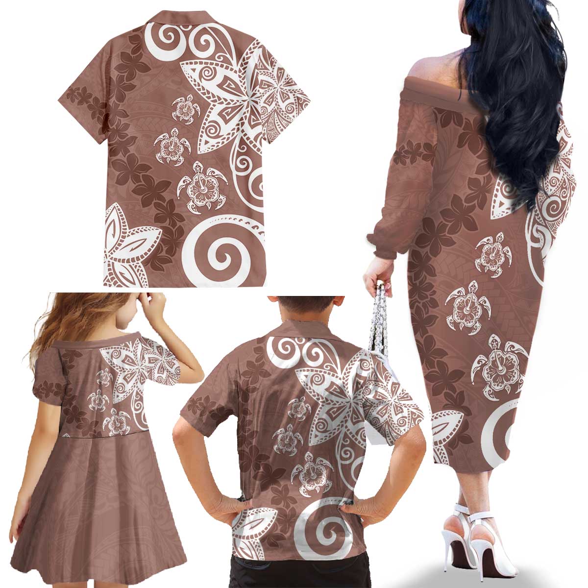 Polynesia Family Matching Off The Shoulder Long Sleeve Dress and Hawaiian Shirt Brown Tribal Turtle Floral Pattern