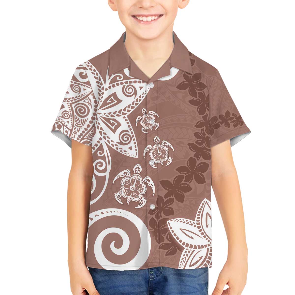Polynesia Family Matching Off The Shoulder Long Sleeve Dress and Hawaiian Shirt Brown Tribal Turtle Floral Pattern