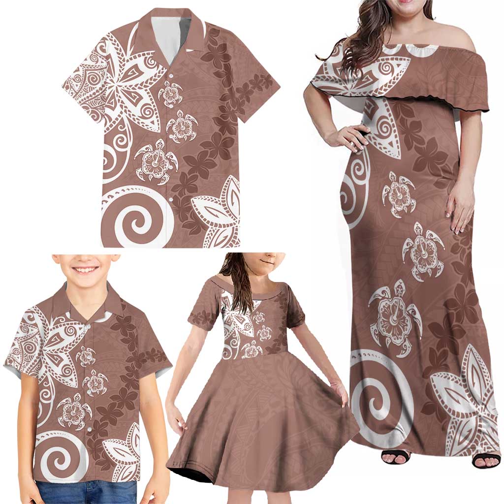 Polynesia Family Matching Off Shoulder Maxi Dress and Hawaiian Shirt Brown Tribal Turtle Floral Pattern LT05 - Polynesian Pride