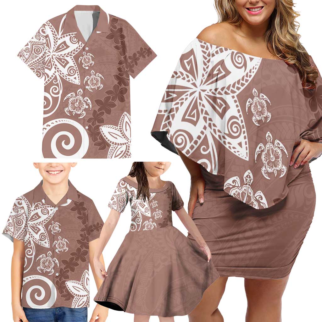 Polynesia Family Matching Off Shoulder Short Dress and Hawaiian Shirt Brown Tribal Turtle Floral Pattern LT05 - Polynesian Pride