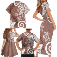 Polynesia Family Matching Short Sleeve Bodycon Dress and Hawaiian Shirt Brown Tribal Turtle Floral Pattern LT05 - Polynesian Pride