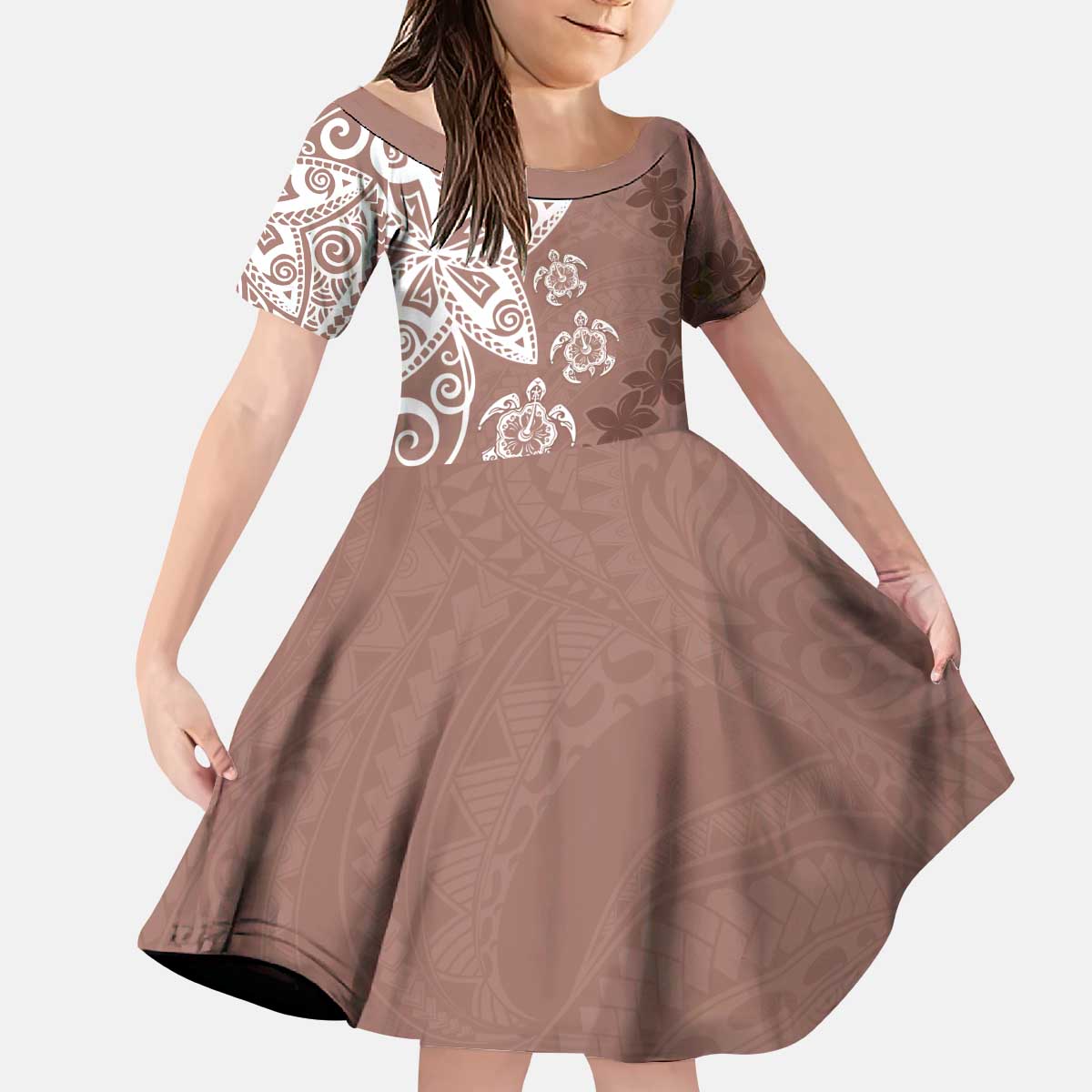Polynesia Kid Short Sleeve Dress Brown Tribal Turtle Floral Pattern LT05 KID Brown - Polynesian Pride