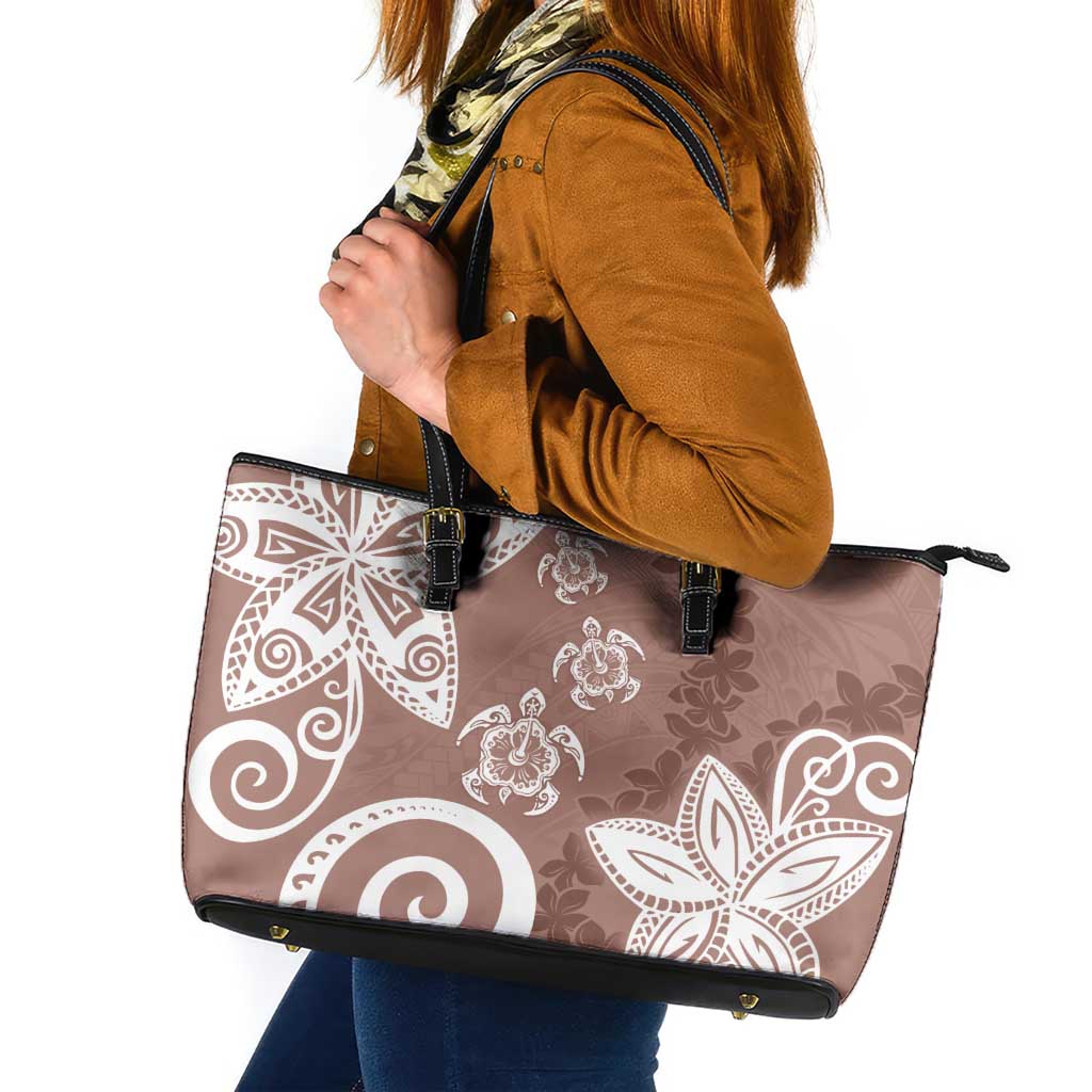 Polynesia Leather Tote Bag Brown Tribal Turtle Floral Pattern