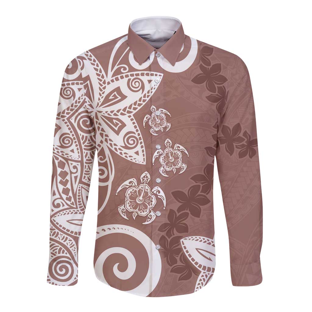Polynesia Long Sleeve Button Shirt Brown Tribal Turtle Floral Pattern LT05 Unisex Brown - Polynesian Pride