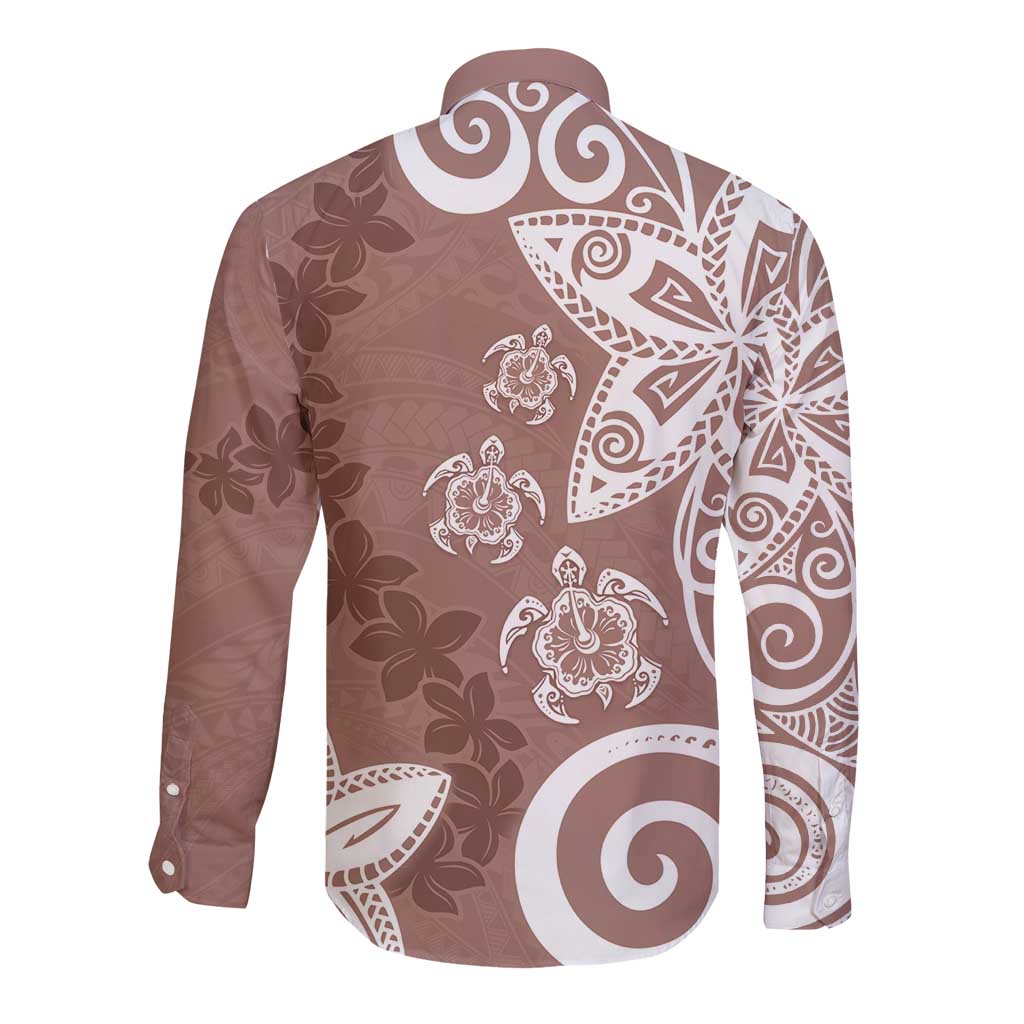 Polynesia Long Sleeve Button Shirt Brown Tribal Turtle Floral Pattern LT05 - Polynesian Pride