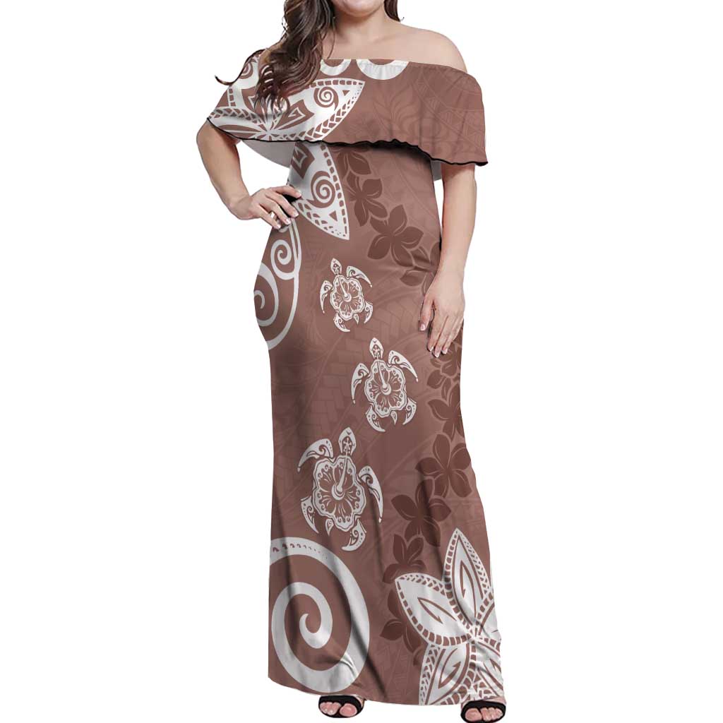 Polynesia Off Shoulder Maxi Dress Brown Tribal Turtle Floral Pattern LT05 Women Brown - Polynesian Pride
