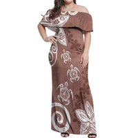Polynesia Off Shoulder Maxi Dress Brown Tribal Turtle Floral Pattern LT05 Women Brown - Polynesian Pride