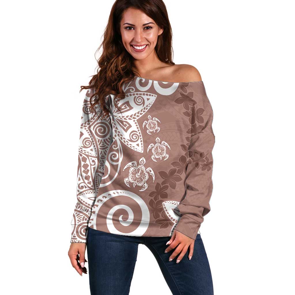 Polynesia Off Shoulder Sweater Brown Tribal Turtle Floral Pattern