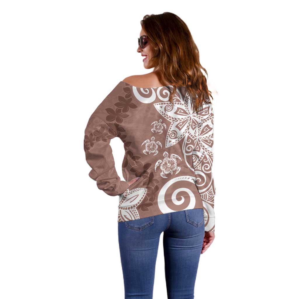 Polynesia Off Shoulder Sweater Brown Tribal Turtle Floral Pattern