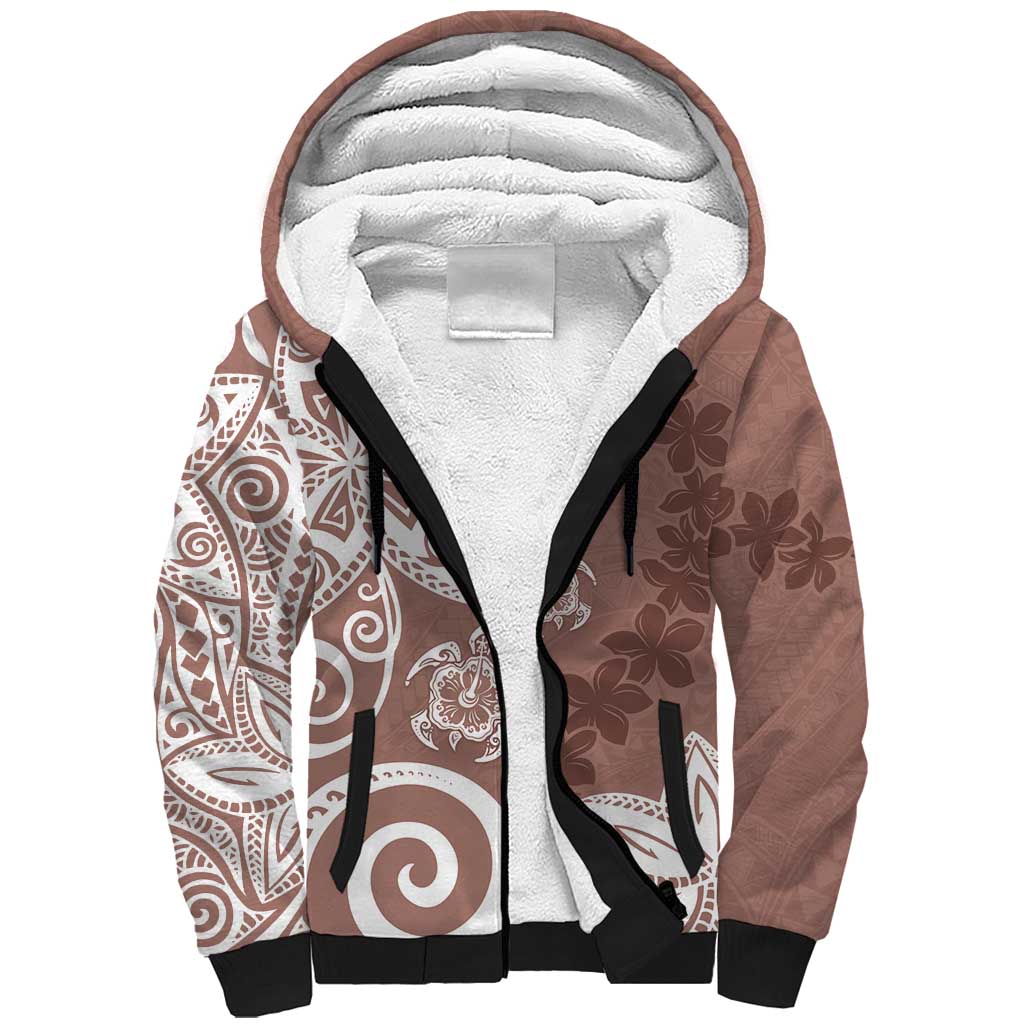 Polynesia Sherpa Hoodie Brown Tribal Turtle Floral Pattern