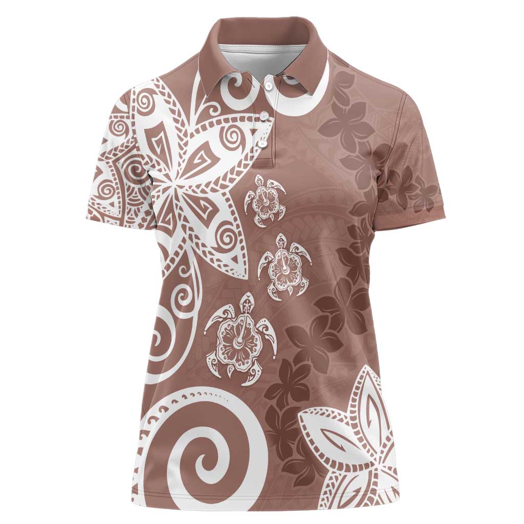 Polynesia Women Polo Shirt Brown Tribal Turtle Floral Pattern