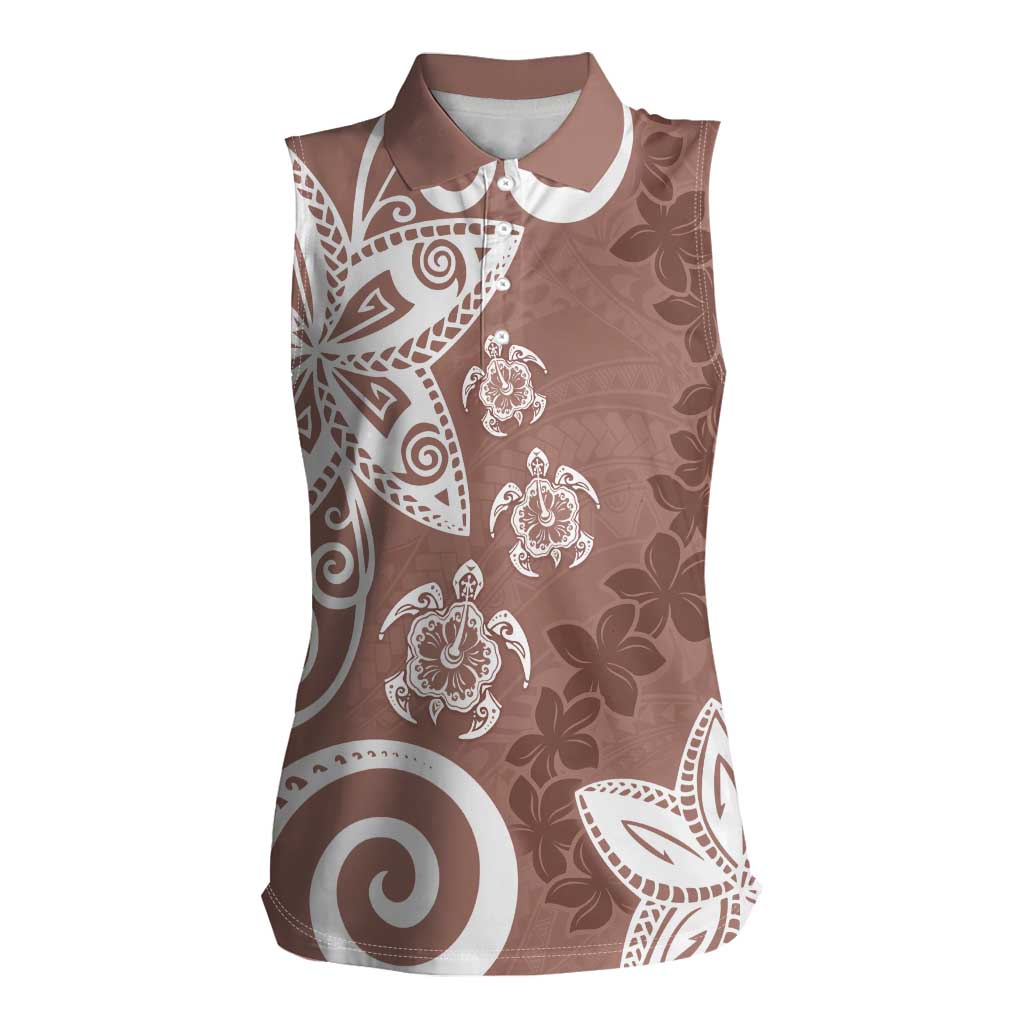 Polynesia Women Sleeveless Polo Shirt Brown Tribal Turtle Floral Pattern LT05 Female Brown - Polynesian Pride