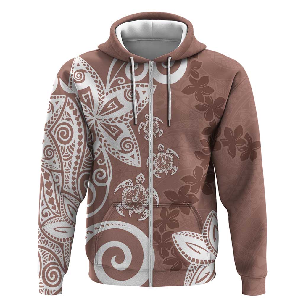 Polynesia Zip Hoodie Brown Tribal Turtle Floral Pattern