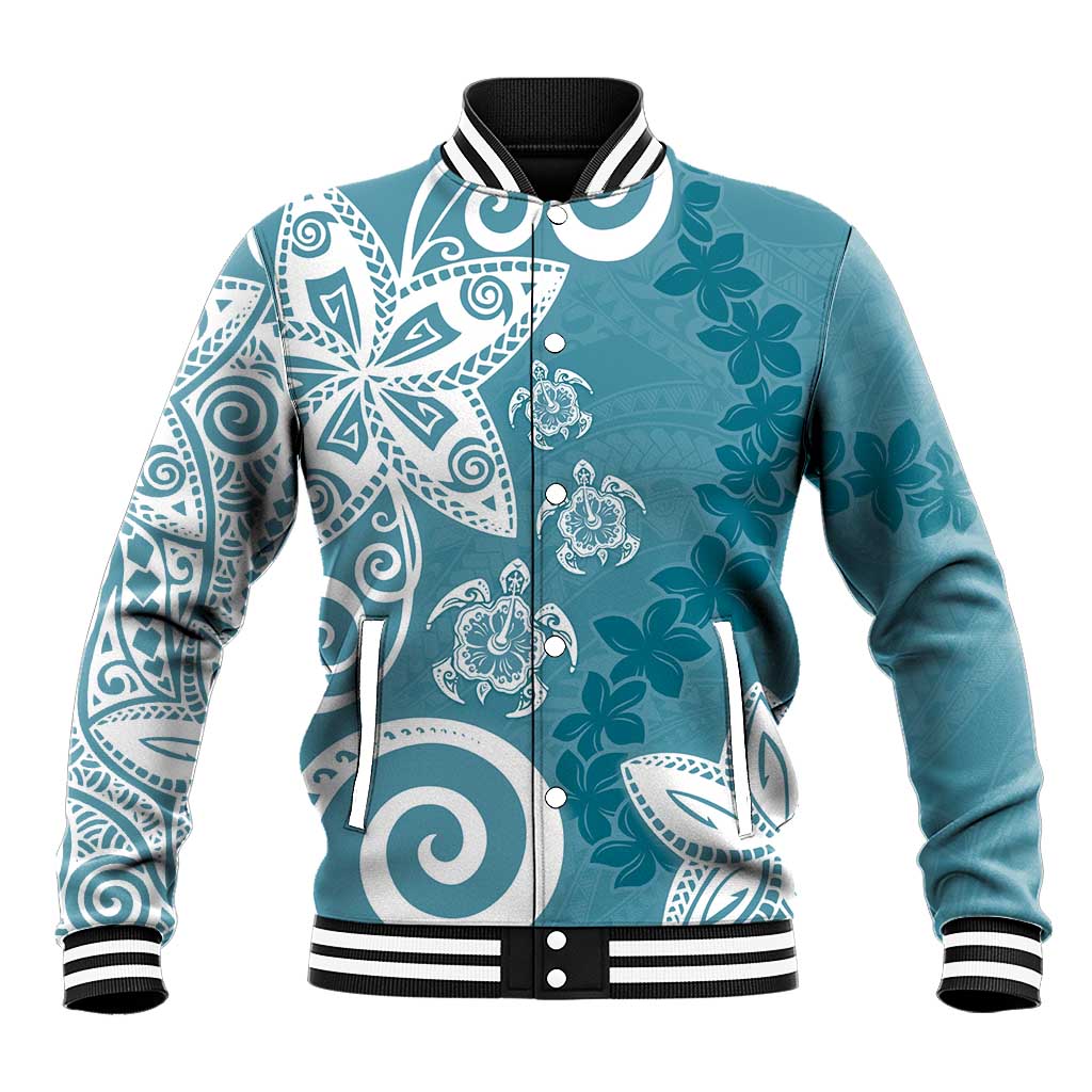 Polynesia Baseball Jacket Hippie Blue Tribal Turtle Floral Pattern