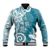 Polynesia Baseball Jacket Hippie Blue Tribal Turtle Floral Pattern