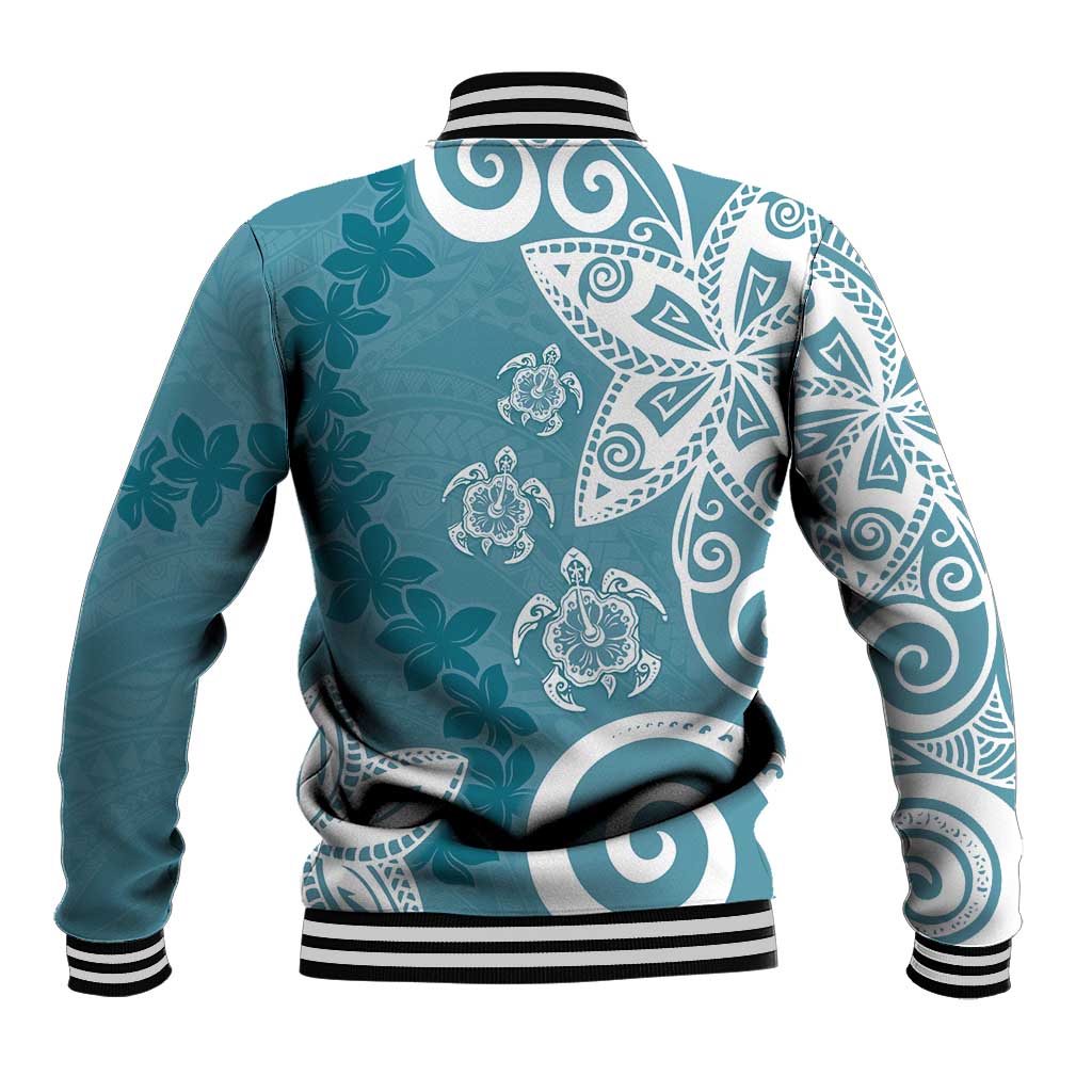 Polynesia Baseball Jacket Hippie Blue Tribal Turtle Floral Pattern