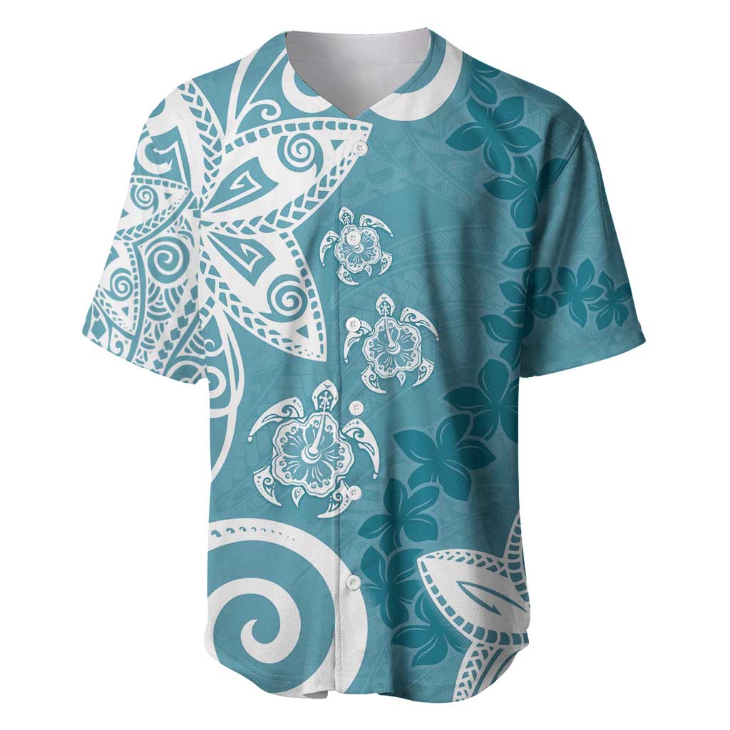 Polynesia Baseball Jersey Hippie Blue Tribal Turtle Floral Pattern LT05 Blue - Polynesian Pride