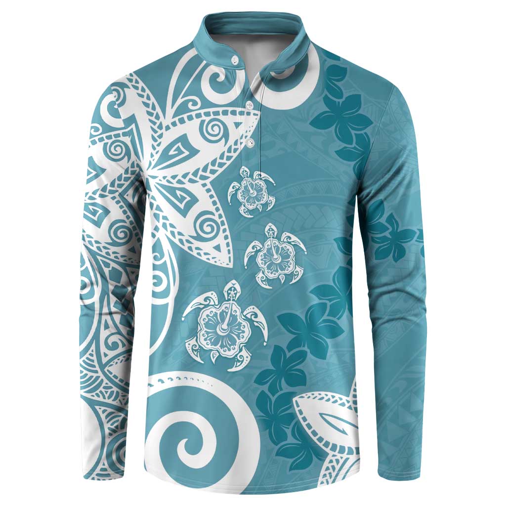 Polynesia Button Sweatshirt Hippie Blue Tribal Turtle Floral Pattern LT05 Blue - Polynesian Pride