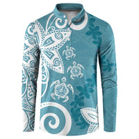 Polynesia Button Sweatshirt Hippie Blue Tribal Turtle Floral Pattern LT05 Blue - Polynesian Pride